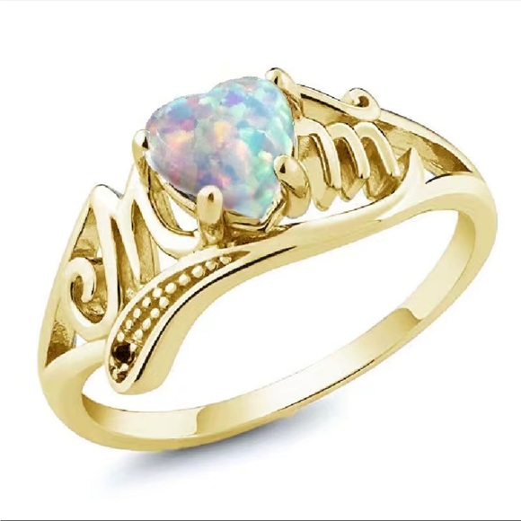 Jewelry - New Yellow Gold Plated Delicate Opal Heart  With MOM Letter Sweet Finger Ring